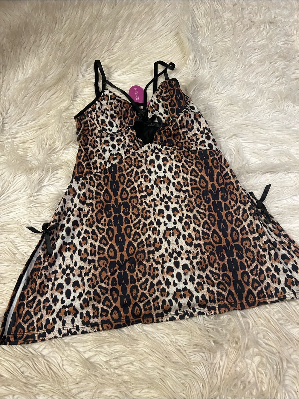 Leopard Print Satin Chemise Nightie with Black Trim